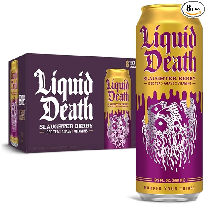Liquid Death, Slaughter Berry Flavored Iced Tea, 8-Pack (19.2oz Cans), Raspberry Flavored Black Tea, Low Calorie, No Artificial Sweeteners, B12 & B6 Vitamins