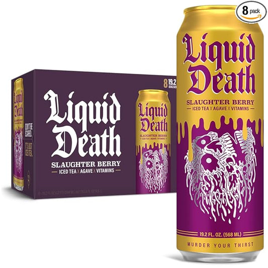 Liquid Death, Slaughter Berry Flavored Iced Tea, 8-Pack (19.2oz Cans), Raspberry Flavored Black Tea, Low Calorie, No Artificial Sweeteners, B12 & B6 Vitamins