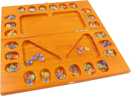 GSE Games & Sports Expert 4-Player Mancala Board Game with Multi-Color Glass Stones, Folding Wooden 4-Way Mancala Family Travel Strategy Games Set for Kids & Adults (Oak)