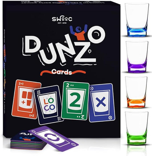 DUNZO® - Hydrating Version of Classic Card Game with 4 Unbreakable Glasses - Draw Two, Skip, Reverse, Get Loco - Fun Party Game & Funny Gifts - Card Games