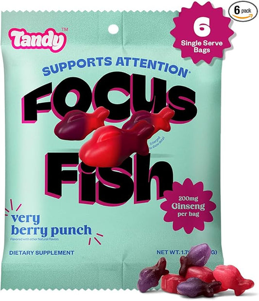 Tandy Focus Fish American Ginseng Gummies I Memory, Attention & Focus Gummies with Very Berry Punch Flavor I Gluten-Free Fast-Acting Dietary Brain Supplement Gummy I 6-Pack