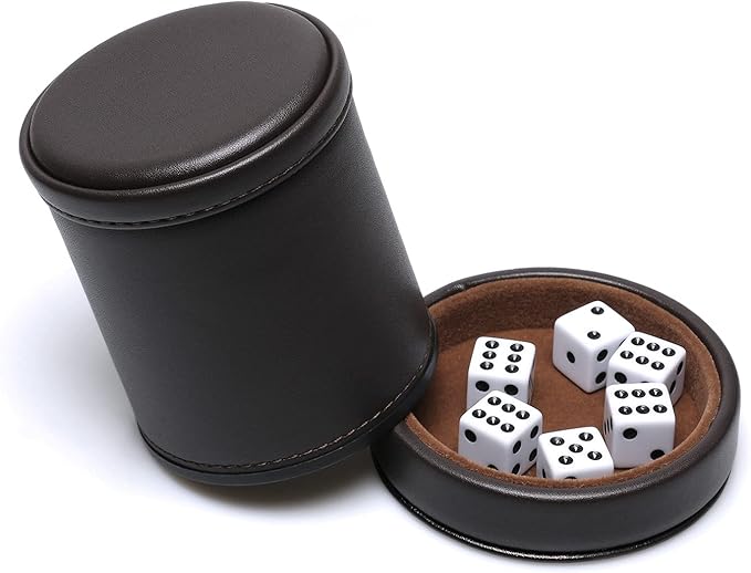 PU Leather Dice Cup with Lid, Dark Chocolate Leatherette and Dark Brown Felt-Lined Quiet Dice Shaker Cup, Including 6 Black Dot Dice for Liars Dice/ Farkle/ Yahtzee Games, 1 Pack
