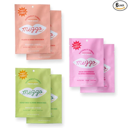 Meggo Sweets Gummie Smoochies Variety Pack | Peach, Honeydew, Sour Strawberry | Natural Fruit Pectin Candy | Vitamin C, E, Biotin | No Cane Sugar | Organic Juice Concentrate | Sweet and Sour Mix | Gluten Free, Vegan, Non-GMO