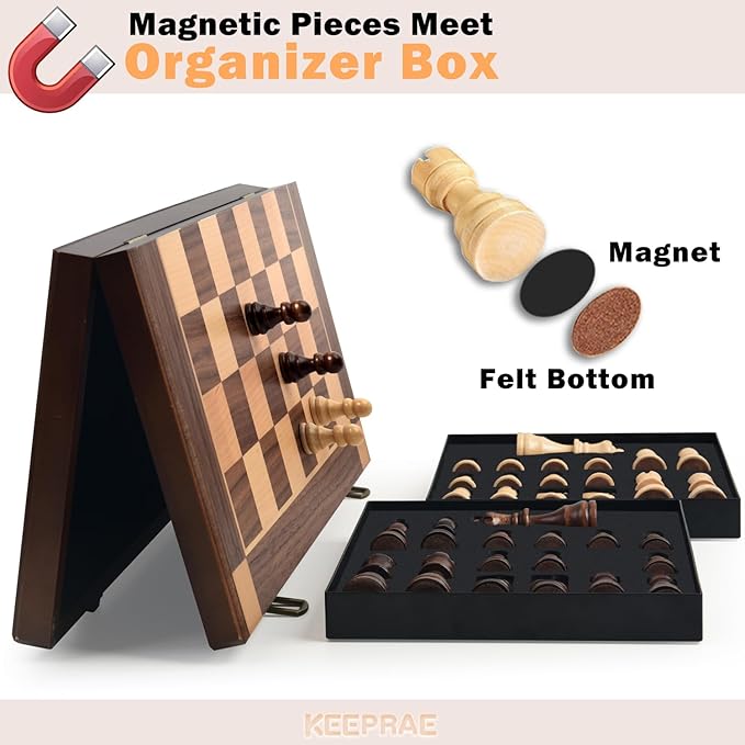 15” Magnetic Wooden Chess Set with Removable Chess Piece Case, KEEPRAE Folding Travel Chess Board Game for Adults & Kids, Tournament & Beginner