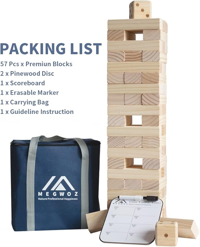 Giant Tumble Tower Games for Kids and Adults 57 Blocks New Zealand Pine Wooden Blocks Stacking to Over 4.2FT Family Games for Indoors Outdoors Yard Games for Family