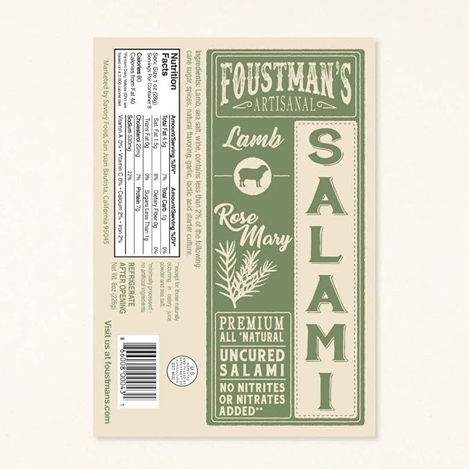 Foustman's Artisanal Salami, Nitrate-Free, Naturally Cured, (Pack of 3) (Lamb Rosemary)
