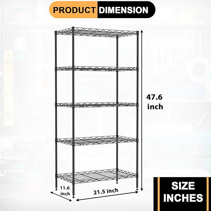 5-Tier Shelves Height Adjustable Storage Shelves Shelving Unit 11”Dx21”Wx48”H Wire Shelving NSF Certified Storage Shelf with Leveling Feet for Home Kitchen Garage, Black