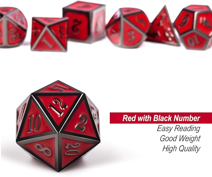 DnDnD Red D&D Game Dice,7 Die Polyhedral Metal Dice with Gift Metal Tin for RPG DND Dungeons and Dragons Dice Collector Board Game Player