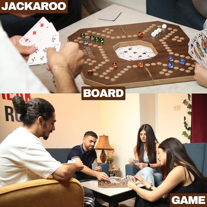 Jackaroo Board Game - 2-4 Player Marbles Strategy Game - Marble Chase Game - Carbles Board Game with Cards - Jokers and Marbles board game - Wahoo Wooden Board Foldable and Open in The Middle (Walnut)