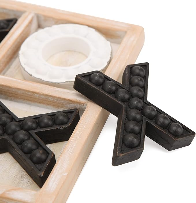 NIKKY HOME Tic Tac Toe Game Coffee Table Decor, 10.6 Inch Rustic Wooden Board, Black & White