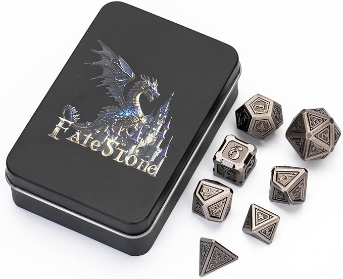 Metal dice 7 pcs DND Dice Set with Beautiful Gift Box for Dungeons and Dragons MTR PRG Tabletop Games (Silver-Grey)