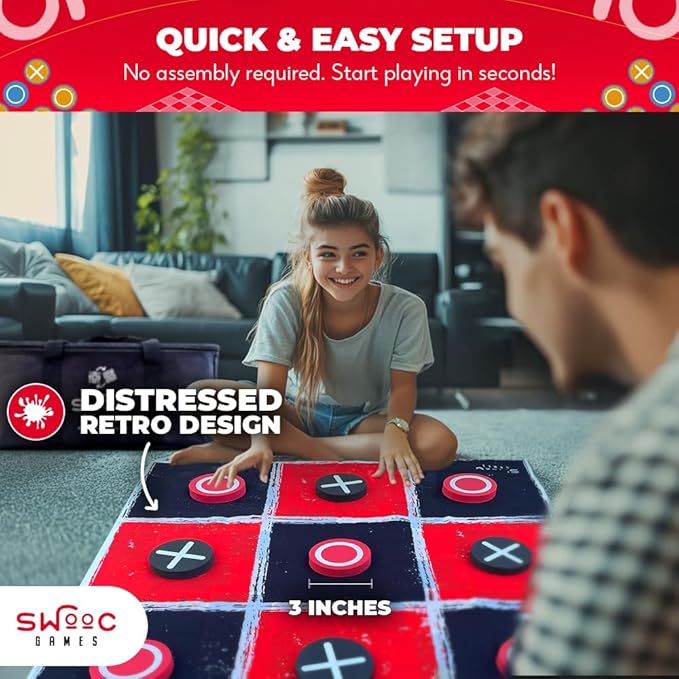 Swooc Games® - 2-in-1 Vintage Giant Checkers & Tic Tac Toe Game W/Mat (3ft x 3ft) - 100% Machine-Washable Canvas - Giant Outdoor Games for Kids - Yard Game for Kids - Jumbo Lawn Set - Large Checkers