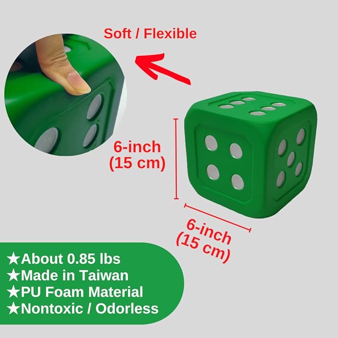 Macro Giant 6 Inch PU Foam Playing Dice, Set of 4, Green Color, Math Teaching, Teaching Aids, Board Games, Kid Toy