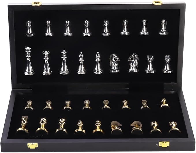 Metal Chess Set for Adults and Kids, 15''Large Marbling Chess Board with Storage –2 Extra Queens and 32 zinc Alloy Metal Pieces with a Sense of Weight,Folding Portable Travel Unique Chess Sets Game