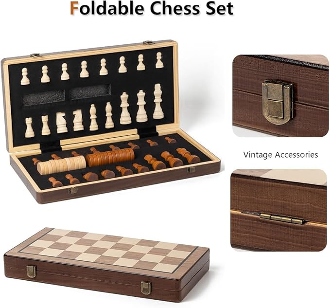 Chess Set 15'' Chess Board Wooden Magnetic Folding Chess Board Set for Adults & Kids Checkers Game for Kids Portable Travel Chess Game for Beginner 2 Extra Queens (Walnut Color)