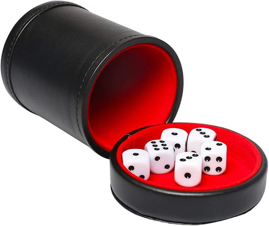 Leatherette Dice Cup with Lid, Red Felt-Lined Dice Shaker Includes 6 Regular Dice for Liars Dice/ Farkle/ Yahtzee/ Games, 1 Pack