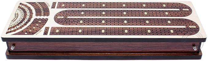 Continuous Cribbage Board/Box Inlaid in Maple/Rosewood : 4 Track - Side Drawers with Score Marking Fields for Skunks, Corners and Won Games