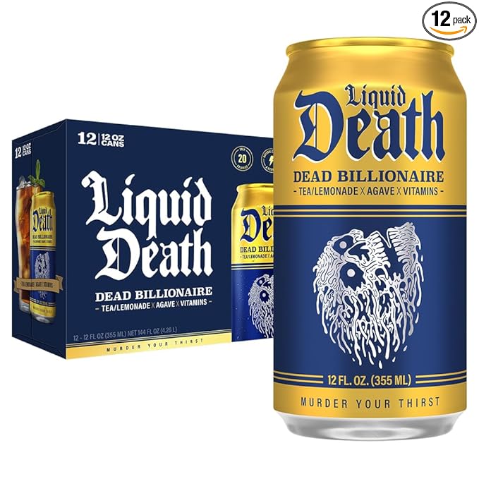 Liquid Death, Dead Billionaire Iced Tea, 12-Pack (12 oz Cans), Half Lemonade Half Black Tea, Low Calorie, No Artificial Sweeteners, B12 & B6 Vitamins