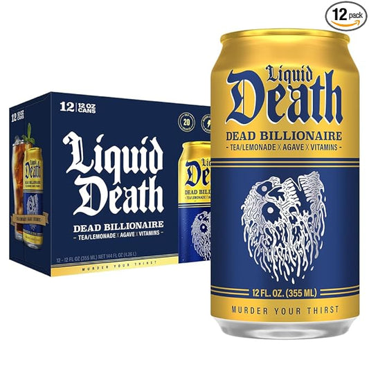 Liquid Death, Dead Billionaire Iced Tea, 12-Pack (12 oz Cans), Half Lemonade Half Black Tea, Low Calorie, No Artificial Sweeteners, B12 & B6 Vitamins