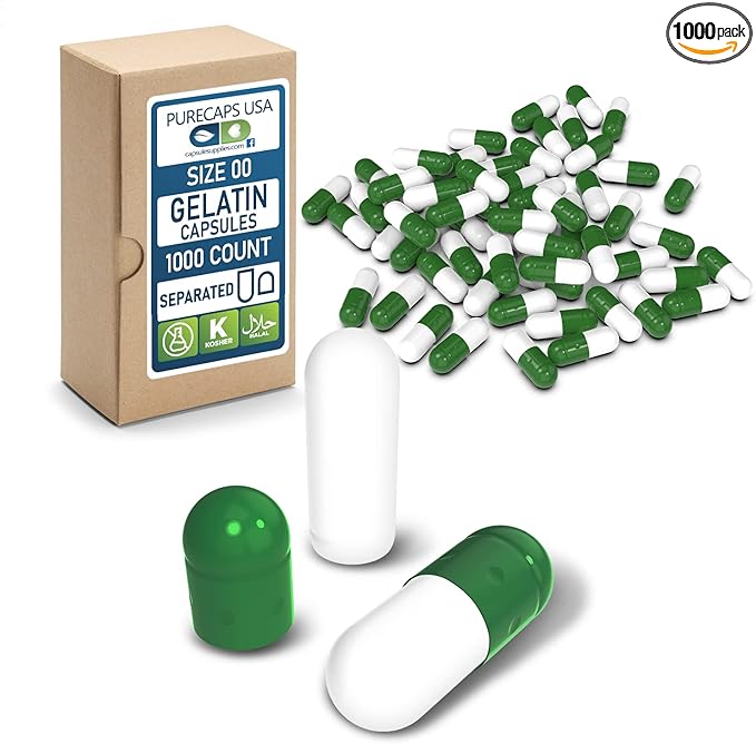 Purecaps USA -Empty Gelatin Pill Capsules Size 00| 1,000 Separated Pills|Green/White| Non-GMO Certified| SLS, Gluten, Preservative Free