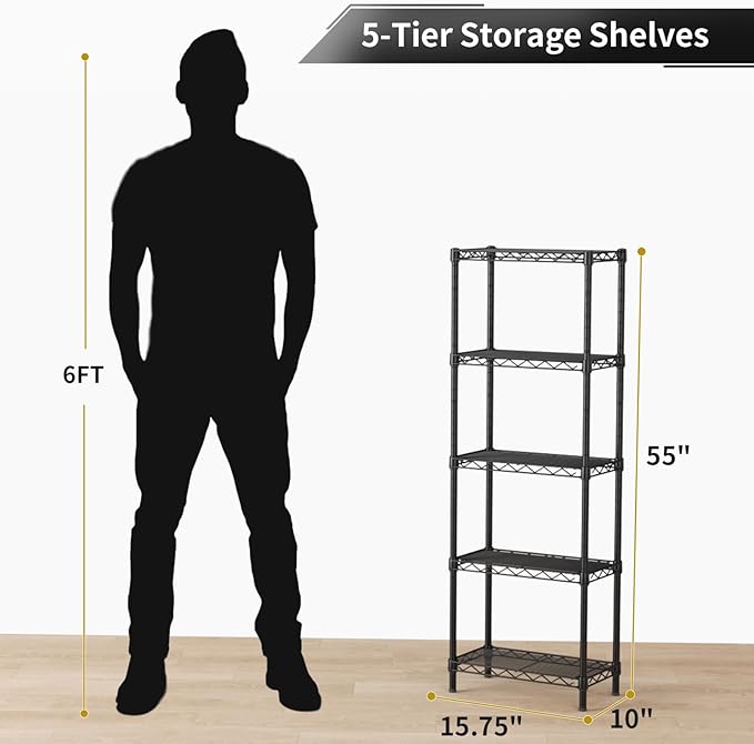 Small 5 tire Shelves Storage Wire Shelving Unit Metal Shelf Adjustable Organizers Storage Shelving for Bathroom Laundry Room Kitchen Pantry10”D x 16”W x 55”H Black