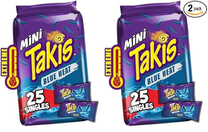 Takis Blue Heat Mini 25 pc / 1.23 oz Bite Size Multipack, Hot Chili Pepper Flavored Extreme Spicy Rolled Tortilla Chips (Pack of 2)