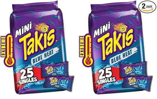 Takis Blue Heat Mini 25 pc / 1.23 oz Bite Size Multipack, Hot Chili Pepper Flavored Extreme Spicy Rolled Tortilla Chips (Pack of 2)