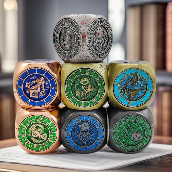 2025 New DND Spinner Dice, 7-in-1 Metal Dice Set with 3D Relief for Dungeons and Dragons Gifts, Polyhedral Roleplaying Game Dice, Fantasy D&D Tabletop RPG Accessories for DM & Player (Black Blue)