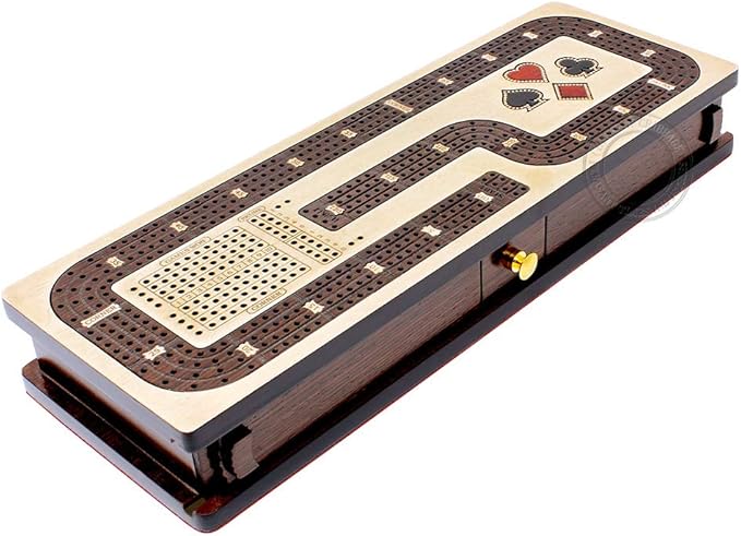 Continuous Cribbage Board/Box Inlaid in Maple/Wenge Wood: 4 Track - Cards and Pegs Storage Drawer with Score Marking Fields for Skunks, Corners and Won Games