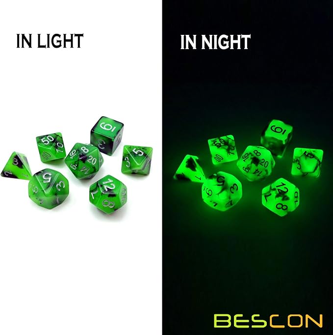Bescon Two-Tone Glow-in-The-Dark Polyhedral Dice Set Spooky Rocks, Luminous RPG Dice Set d4 d6 d8 d10 d12 d20 d% Brick Box Pack