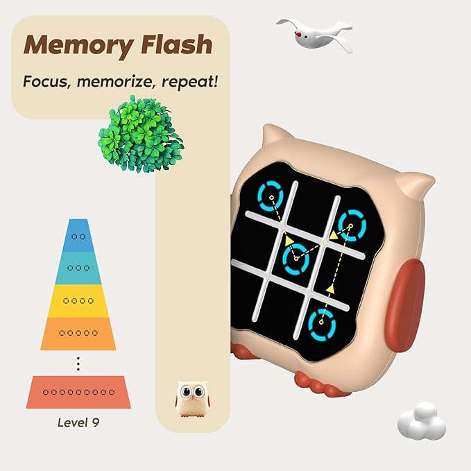 INKLAB Tic Tac Toe Game, Animal-Themed 3-in-1 Handheld Puzzle Game Console, Board Games for Kids, Portable Travel Games, Birthday Gifts for Ages 3+ (Owl)