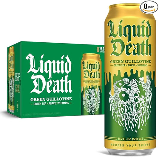 Liquid Death, Green Guillotine Iced Tea, 8-Pack (19.2oz Cans), Green Tea, Low Calorie, No Artificial Sweeteners, B12 & B6 Vitamins