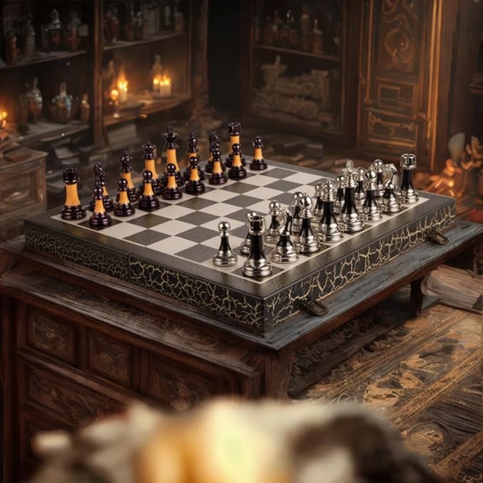 Chess Set 16" Wooden Foldable Black White Chess Board 3.5" Luxury Weighted Acrylic Chess Pieces with Storage Slots for Adults Children Gift Large