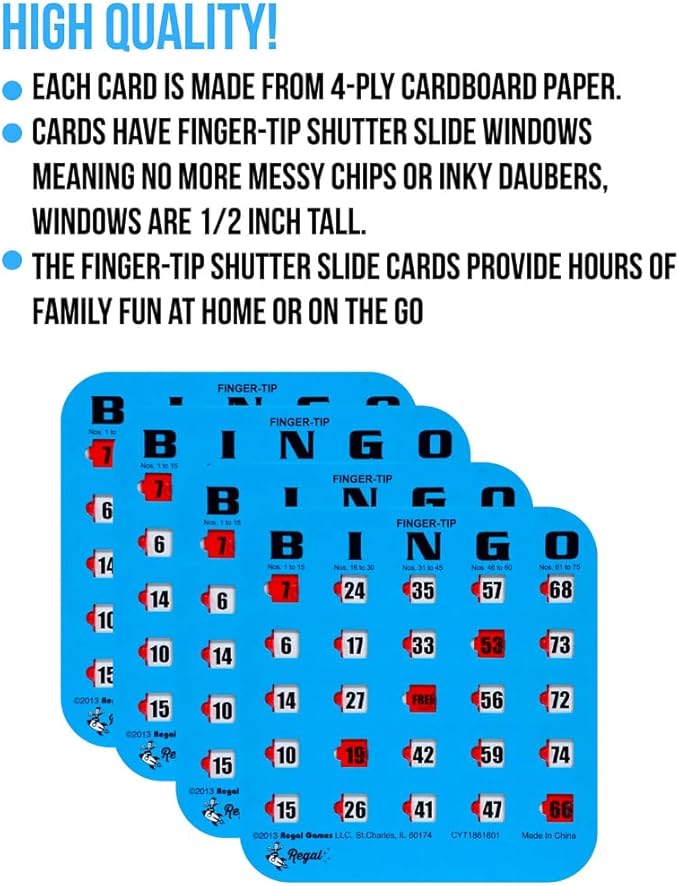 Regal Bingo Bulk Bingo Cards with Sliding Windows - Reusable Large Print Bingo Game Cards for Adults Large Group - 25 Pack, Blue