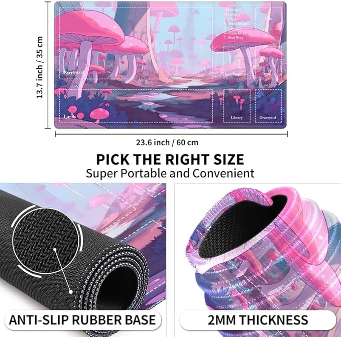 Playmat with Zones for MTG Card Game Playing, Game Mats Tabletop Magic Play Mats 24"x14" Commander Deck Gaming Desk Duel Mat Card Gameplay Mats for Beginner, Anime Pink Mushroom Forest