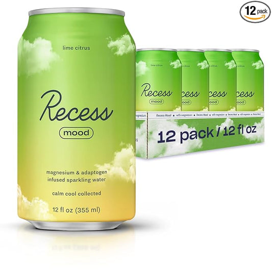 Recess Mood Magnesium & Adaptogen Drink, Relaxation Beverage, 12 ounce (Lime Citrus, 12 pack)