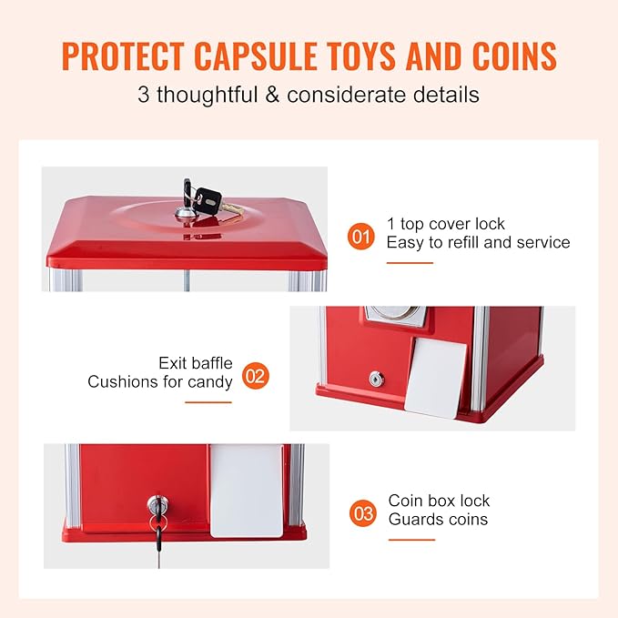VEVOR Gumball Machine for Kids, 25" Height Home Vending Machine, PS Bouncy Balls Dispenser, Hold 230 Capsule Toys, Rectangle Bubble Gum Machine for Game Stores, Coin Operated Gumball Bank, Red