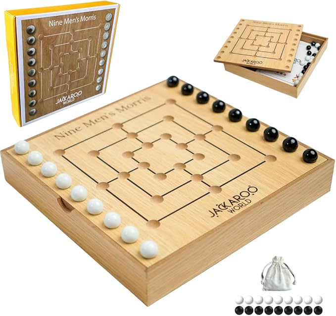 Nine Mens Morris Board Game - 2 Player Games Marble Tic Tac Teo Game - Ancient Rome Board Game - Black & White Marble Strategy Game - Wooden Board Games Strategy Games for Adults (Oak)