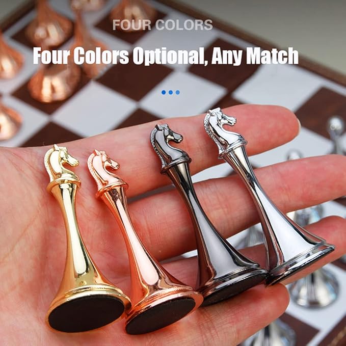 Chess Set, Magnetic Travel Chess Set, Large Metal Deluxe Chess Retro Alloy Adult Board Game Portable Wooden Box Storage Folding Chess Set,E