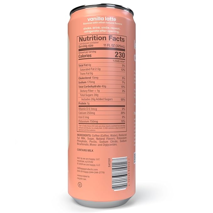 happy coffee canned vanilla latte, 11 oz. cans, 12 pack, notes of marshmallow & comfort, 100% arabica beans, no artificial flavors or sweeteners