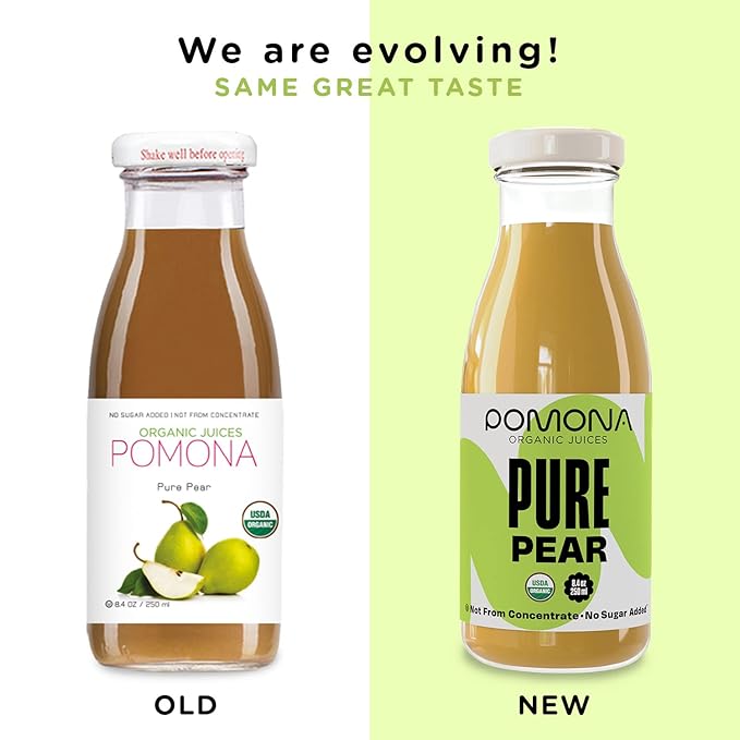 Pomona Organic Pear Juice, Cold Pressed USDA Organic Juices, Pears And Lemon Juice, No Added Sugar, Not From Concentrate, Vegan, Kosher, Non GMO, Pasteurized, 8.4 Oz Glass Bottles