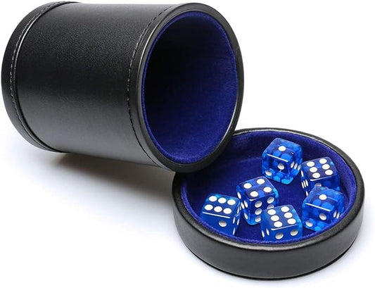 PU Leather Dice Cup with Lid, Blue Velvet Interior Quiet Dice Shaker Cup Including 6 BlueTranslucent Dice for Liars/Farkle/Yahtzee Games, 1 Pack