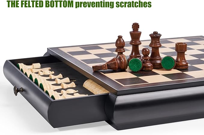 VAMSLOVE Wooden Chess Checkers Game Set 15.5" Large Size Board w/Storage Drawers, Weighted Chess Pieces - 2 Extra Queens 3" King, Gift for Birthday Housewarming Retirement - Black