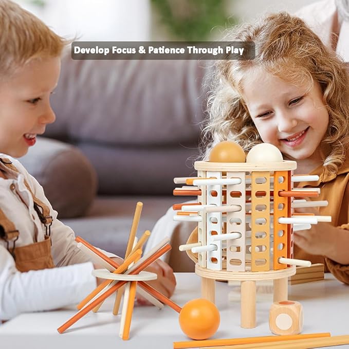 Montessori Toys for 3 Years Old - Wooden Tower Sticks Game, 3-in-1 Ball Drop and Pick-up Sticks Game with Dice - Balance Toy for Patience Training