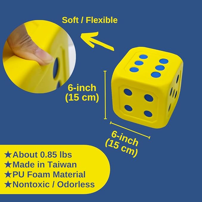 Macro Giant 6 Inch PU Foam Jumbo Big Playing Dice, Set of 2, Yellow, Math Teaching, Teaching Aids, Board Games, Kid Toy