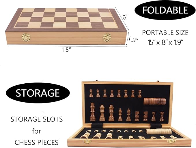 Wooden Chess and Checkers Game Sets Magnetic for Kids and Adult,Portable Travel Folding Game Board 2in1 Pieces Kits,Beginner Chessmen with Storage Slots