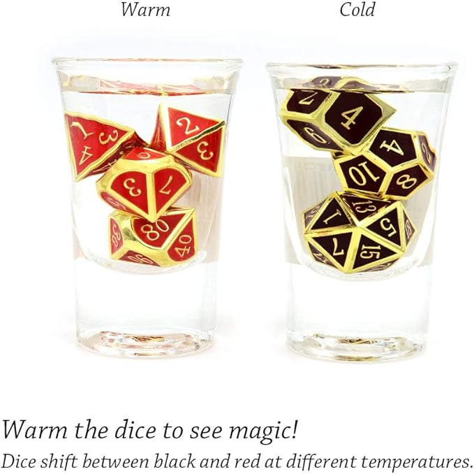 Haxtec Metal DND Dice Set Heat Sensitive Color Changing Metal Dice Polyhedral D&D Dice for RPG Dungeons and Dragons-Gold Black Red Shift