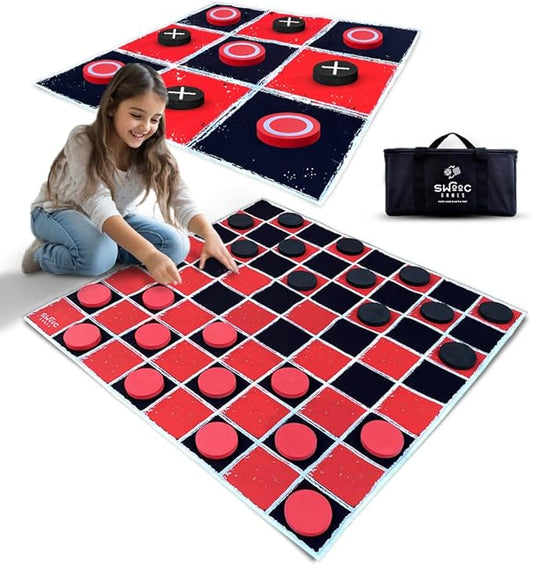 Swooc Games® - 2-in-1 Vintage Giant Checkers & Tic Tac Toe Game W/Mat (3ft x 3ft) - 100% Machine-Washable Canvas - Giant Outdoor Games for Kids - Yard Game for Kids - Jumbo Lawn Set - Large Checkers
