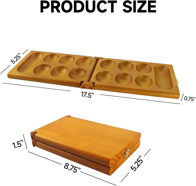 GSE Games & Sports Expert Folding Wooden Mancala Board Game with Multi-Color Glass Stones and Storage Bag, Portable Family Travel Strategy Games Set for Kids & Adults (Oak)