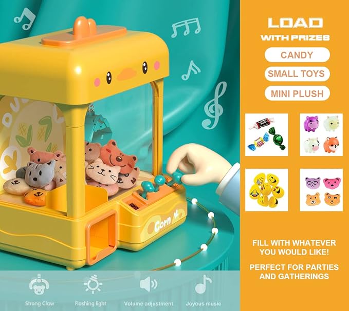 Large Claw Machine for Kids Adults with Prizes, Adjustable Sound & Light, Candy Crane Vending Machine for Girls Boys, Mini Electronic Arcade Game Dispenser Toy for Party Birthday Gifts - Duck